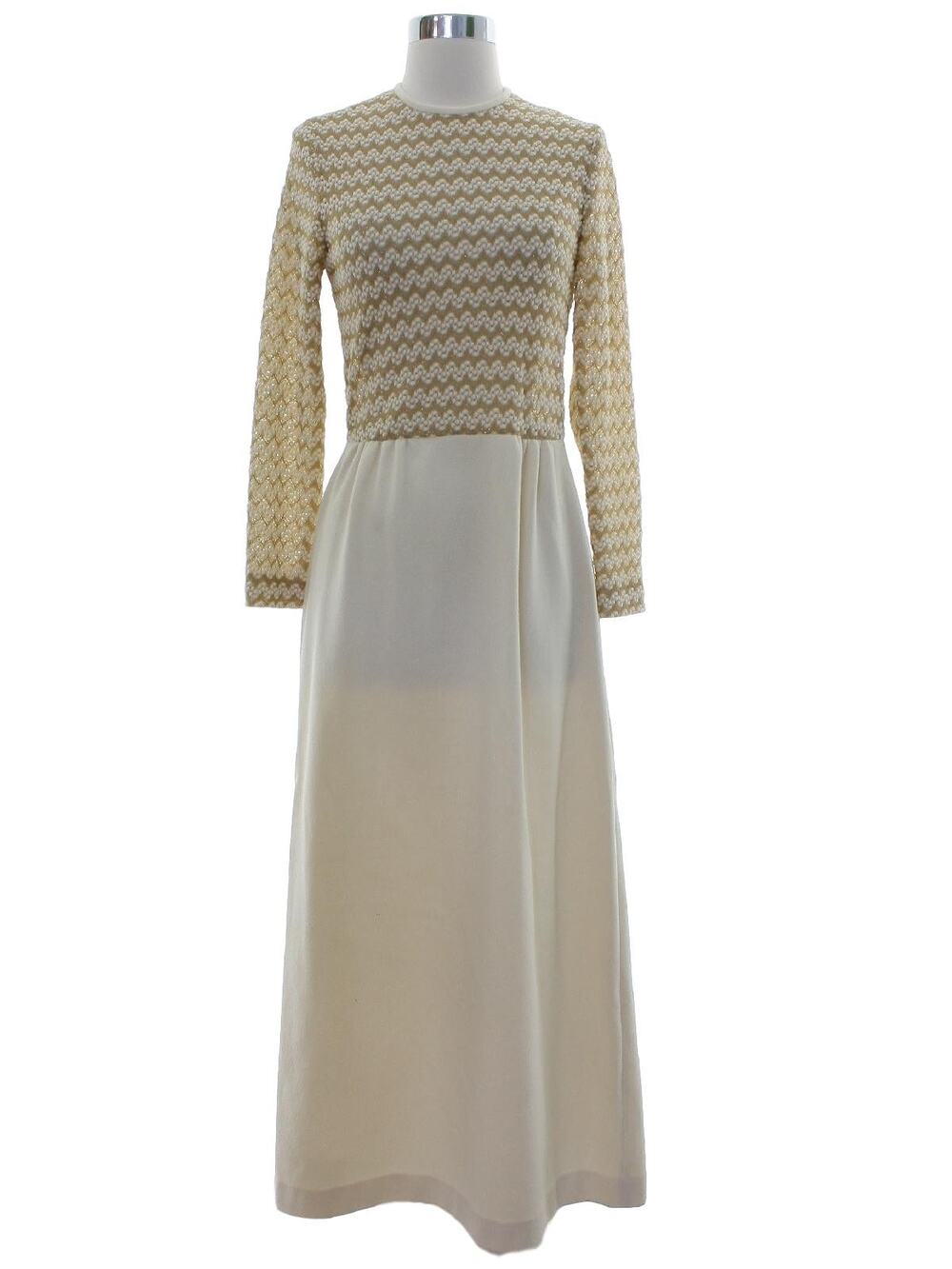 Vintage 1960s Ivory Gold Knit Maxi Dress Long Sleeve Sheer Bodice Women's XS